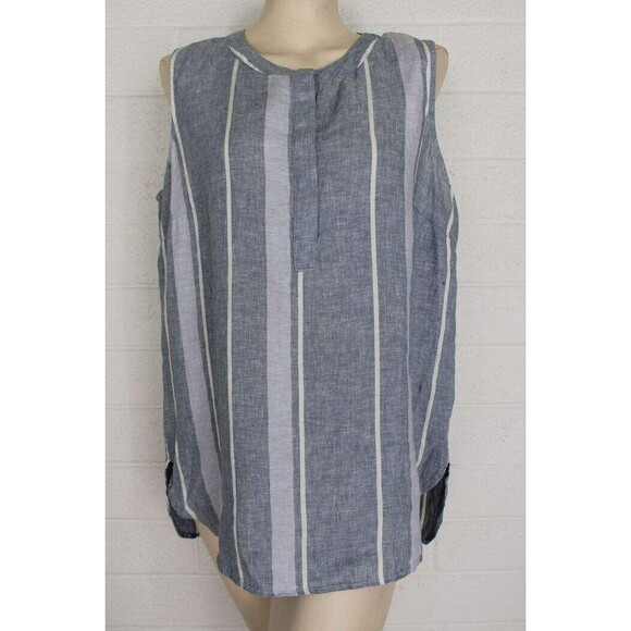 Ellen Tracy Linen L XL Heather Blue and White Vertical Striped Sleeveless Top - Picture 1 of 3
